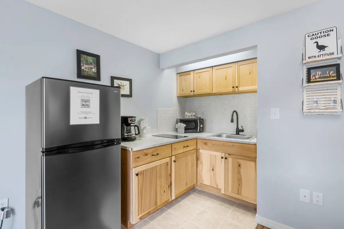 A well-lit interior space displays a black refrigerator, wooden cabinets, a spacious sink area, and various kitchen appliances. The setup is practical, appealing for light cooking and socializing, with subtle wall decor enhancing the charm.
